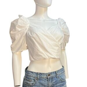 Cara Cara White Cotton Poplin Puff Sleeve Crossover Front Crop Top Size S